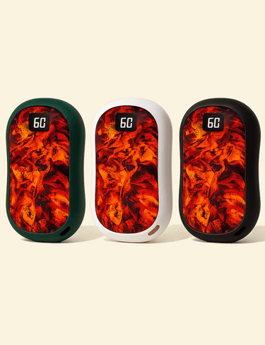 Three Warmweave™ EmberGlow Hand Warmers & Power Banks in Green, White, and Black – all with digital temperature display and ember flame design
